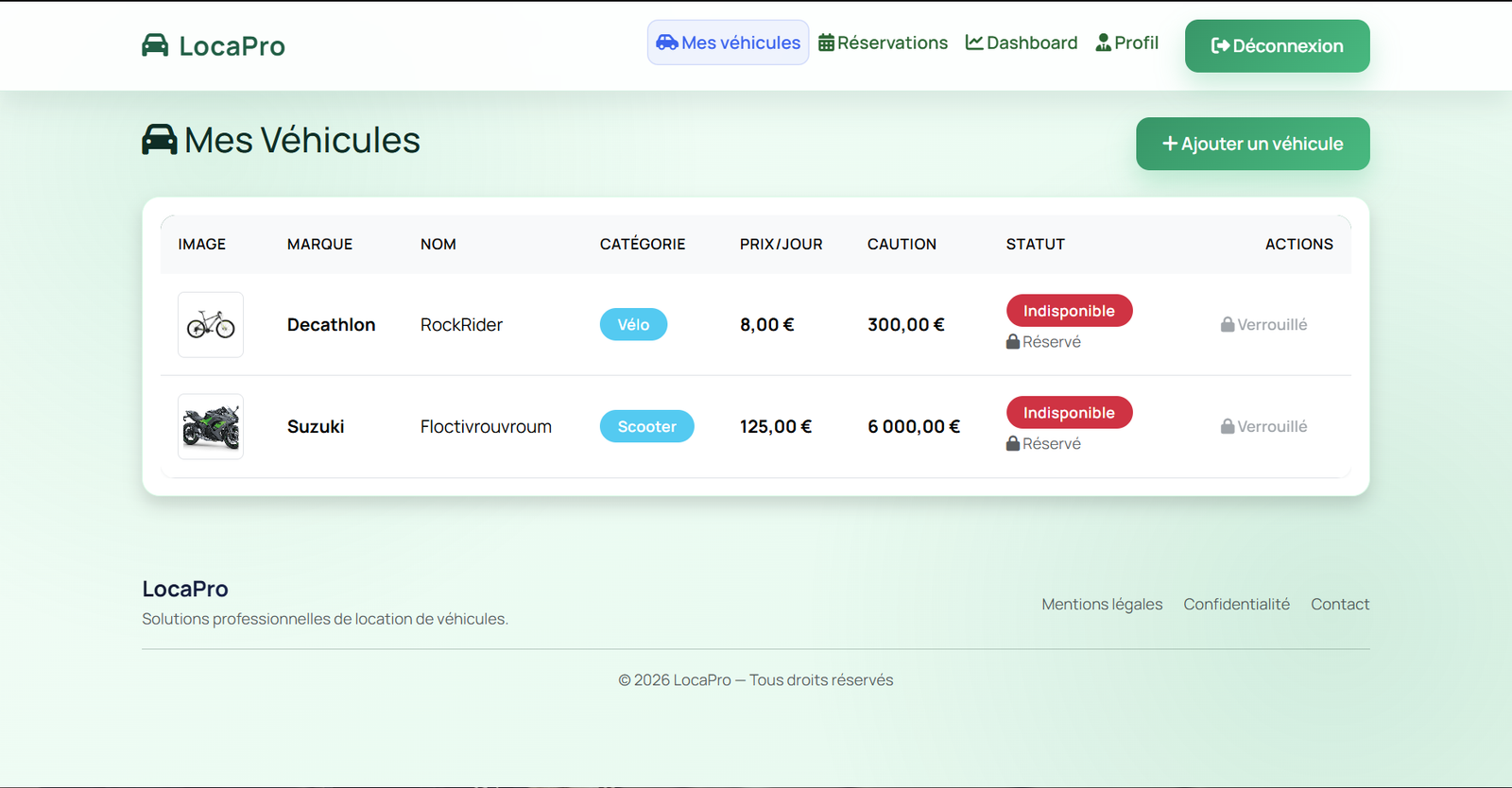 Gestion véhicules fournisseur LocaPro